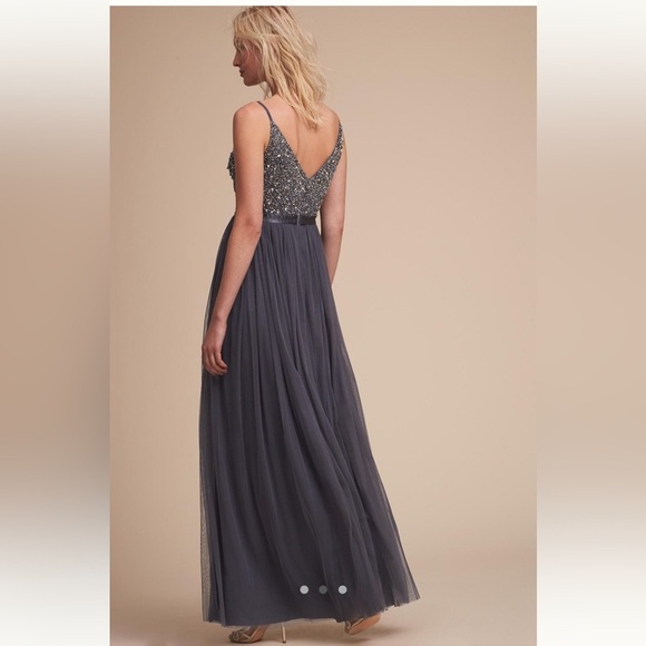 BHLDN- Charcoal Avery Sequin Thin Strap and Tulle Maxi Cocktail Dress - Picture 2 of 6